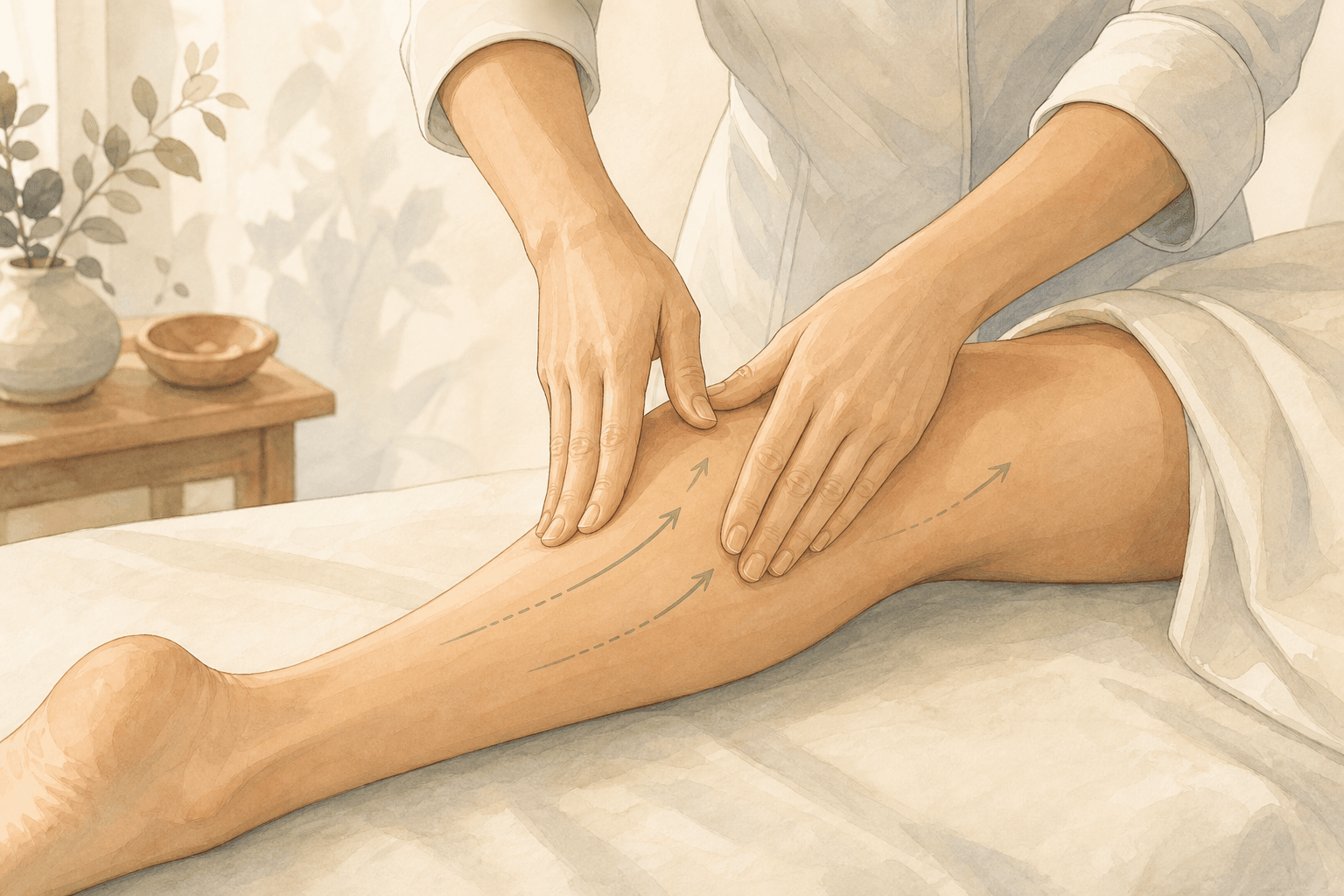 Illustration d'un geste manuel de drainage lymphatique sur le mollet